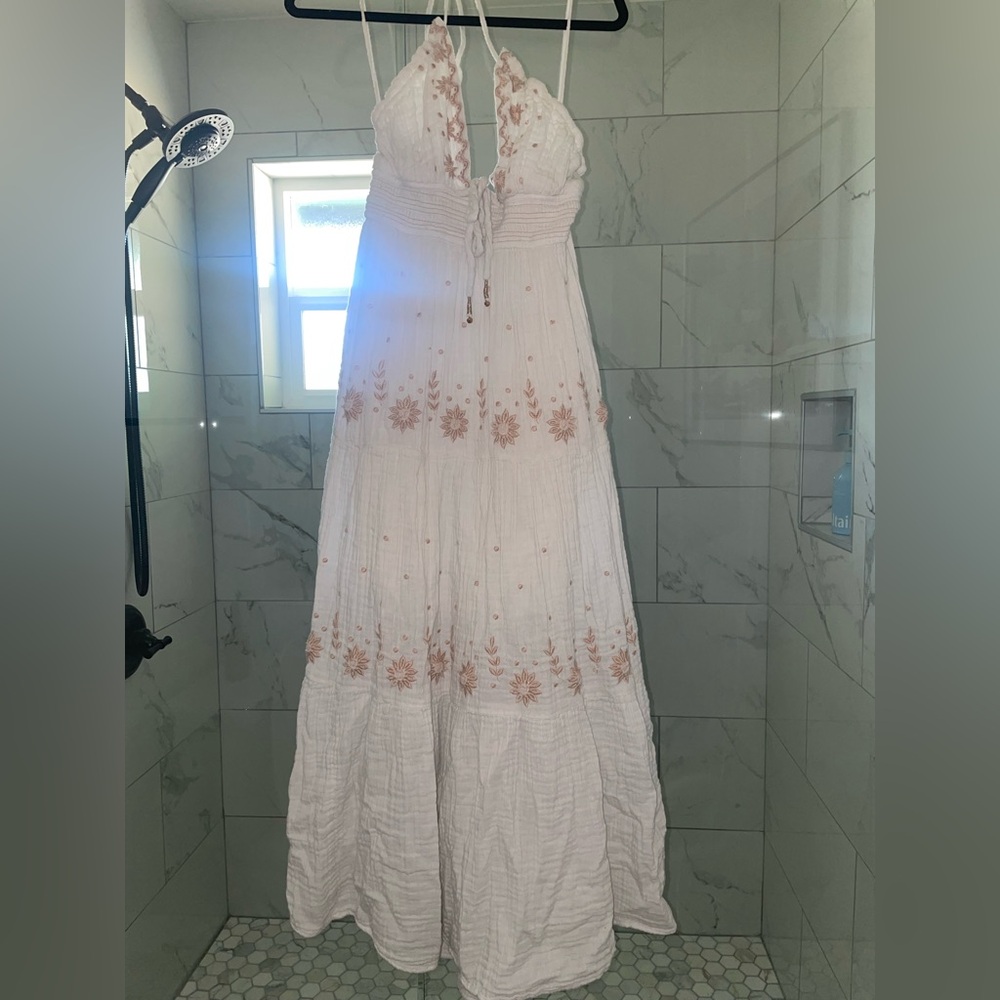 Free People White and Pink Embroidered Maxi Dress